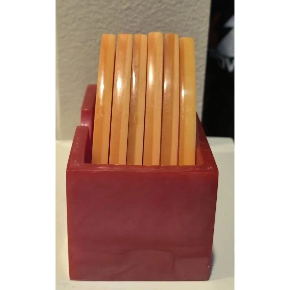 New Set Of 6 Lucite Red / Orange Pizza Slice Coasters W/ Pizza Box Holder